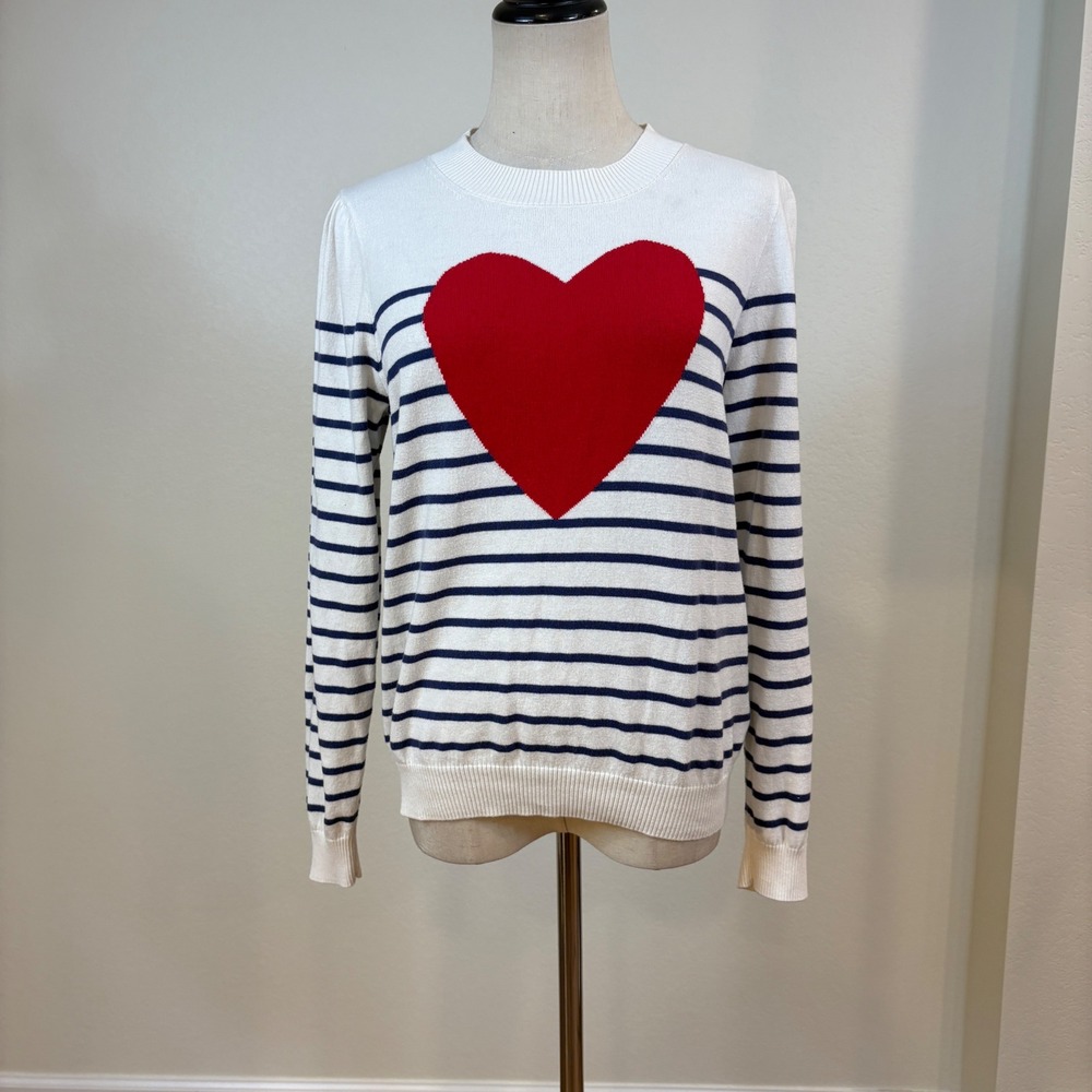 J.Crew Sweater Women M White Heart Striped Cotton Crewneck Top Preppy coastal